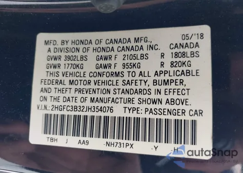2018 Honda Civic from USA, damaged, VIN 2HGFC3B32JH354076
